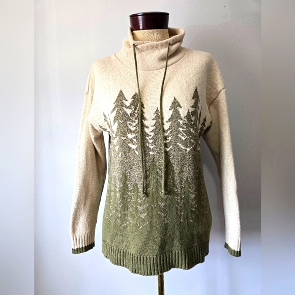 Parkhurst Cotton Country Forest Design Cowl Neck Sweater - Cream and Olive. S - Picture 1 of 13